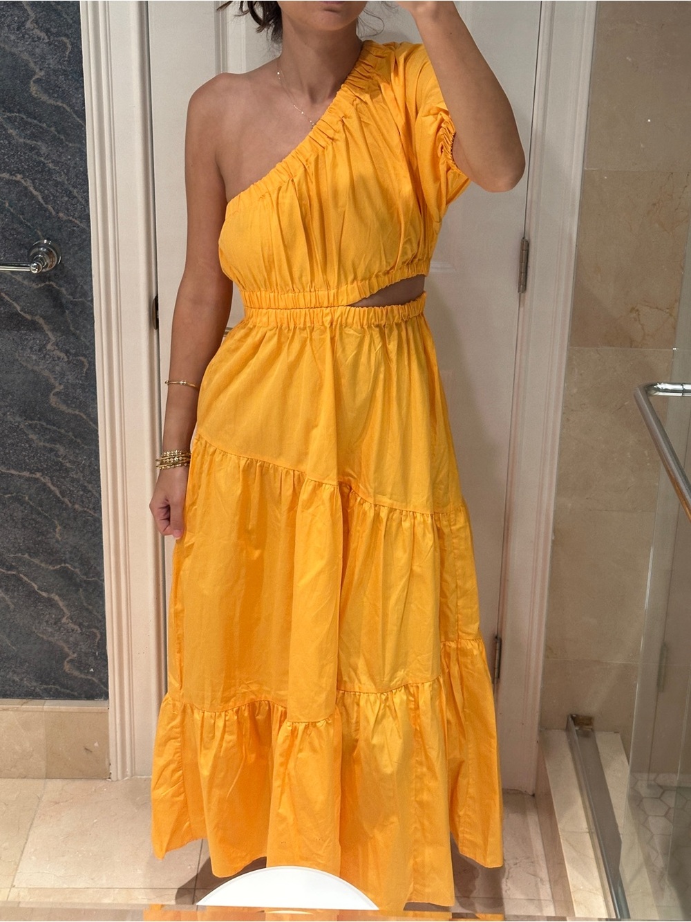 Mango One-Shoulder Orange Cut-Out Maxi Dress